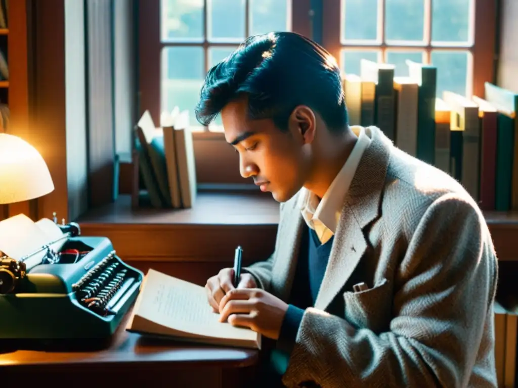 Un poeta bilingüe reflexiona en su estudio de época, rodeado de libros en diferentes idiomas