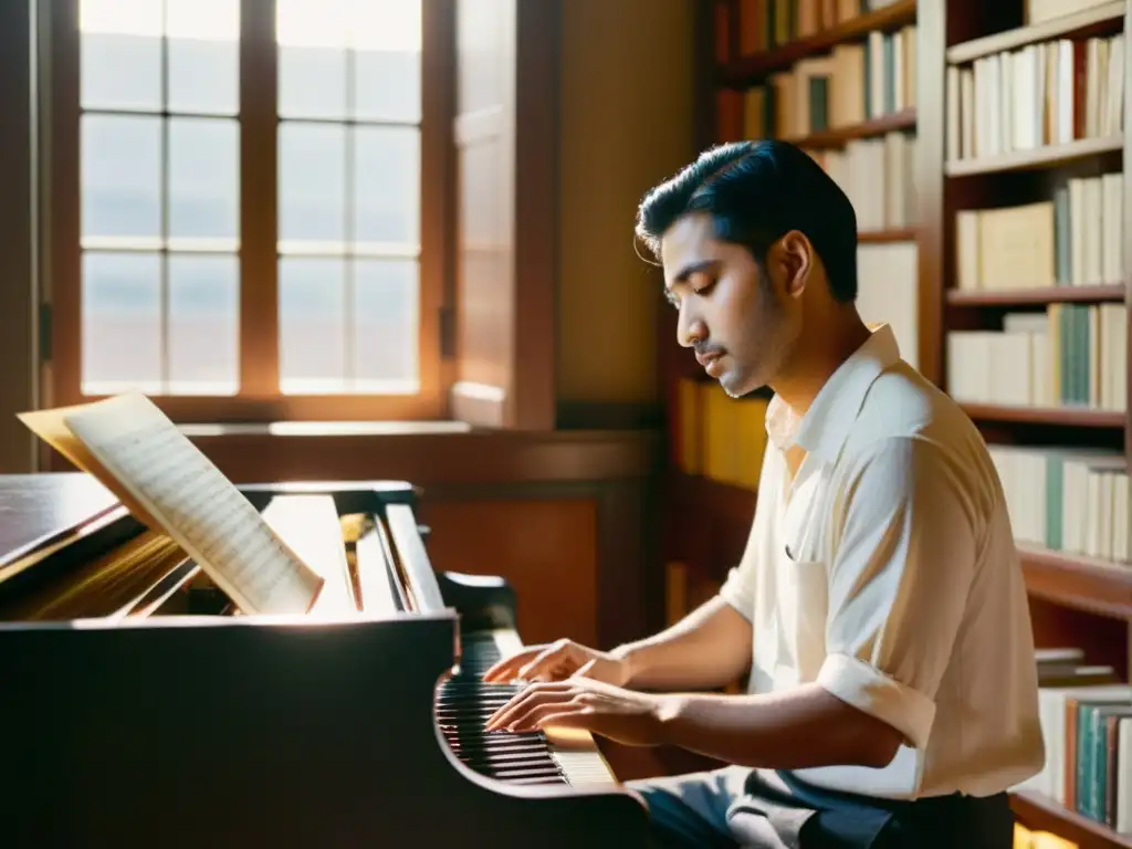 Poeta bilingüe reflexionando en el piano, rodeado de libros en diferentes idiomas, con luz suave