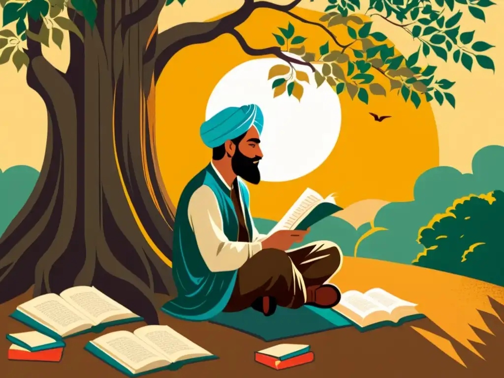 Un poeta punjabi reflexiona bajo un árbol banyan al atardecer, rodeado de libros y pergaminos