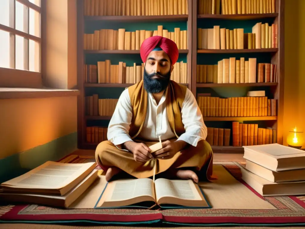 Un poeta punjabi reflexiona en una habitación iluminada por una cálida luz dorada, rodeado de libros antiguos y vestido con ropa tradicional