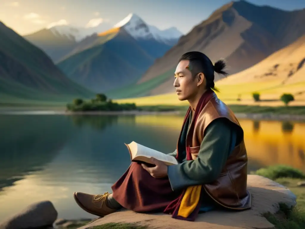 Un poeta tibetano contemporáneo escribe versos junto a un lago en un paisaje montañoso, bañado por la cálida luz dorada del atardecer