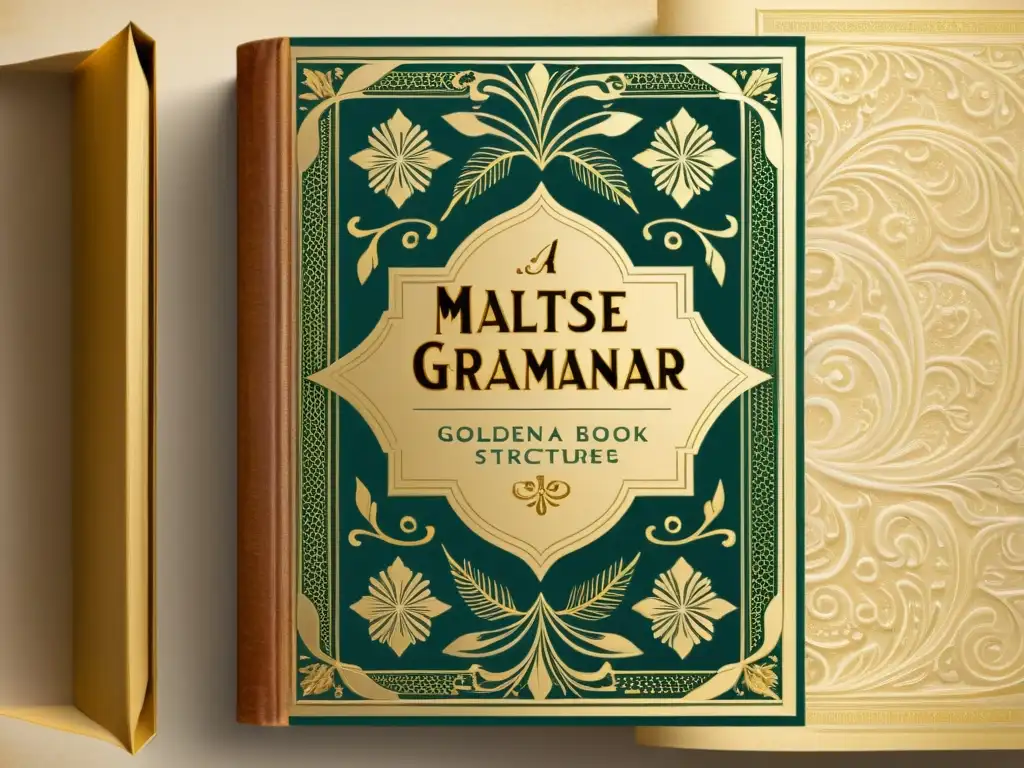 Portada vintage de libro de gramática del maltés lengua semítica, con tipografía dorada y patrones grabados en papel sepia envejecido