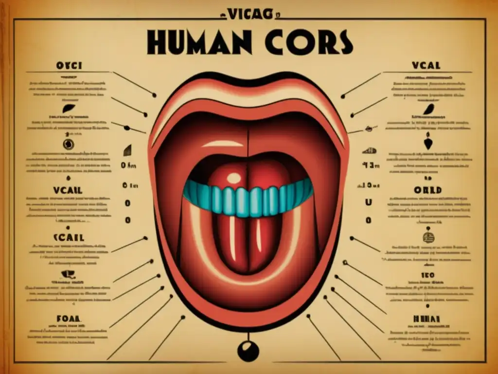 Un póster vintage detallando la anatomía de la boca y cuerdas vocales, con consejos de pronunciación en varios idiomas