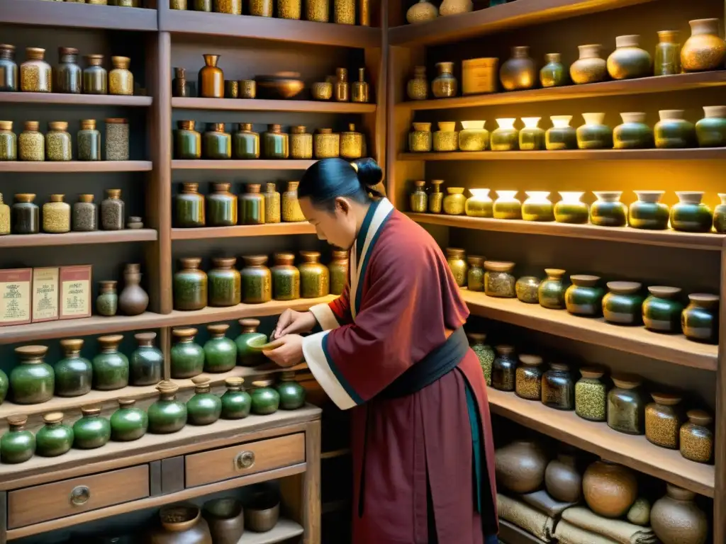 Un practicante de medicina tradicional de lenguas sino-tibetanas prepara remedios herbales en un antiguo apotecario, rodeado de sabiduría ancestral