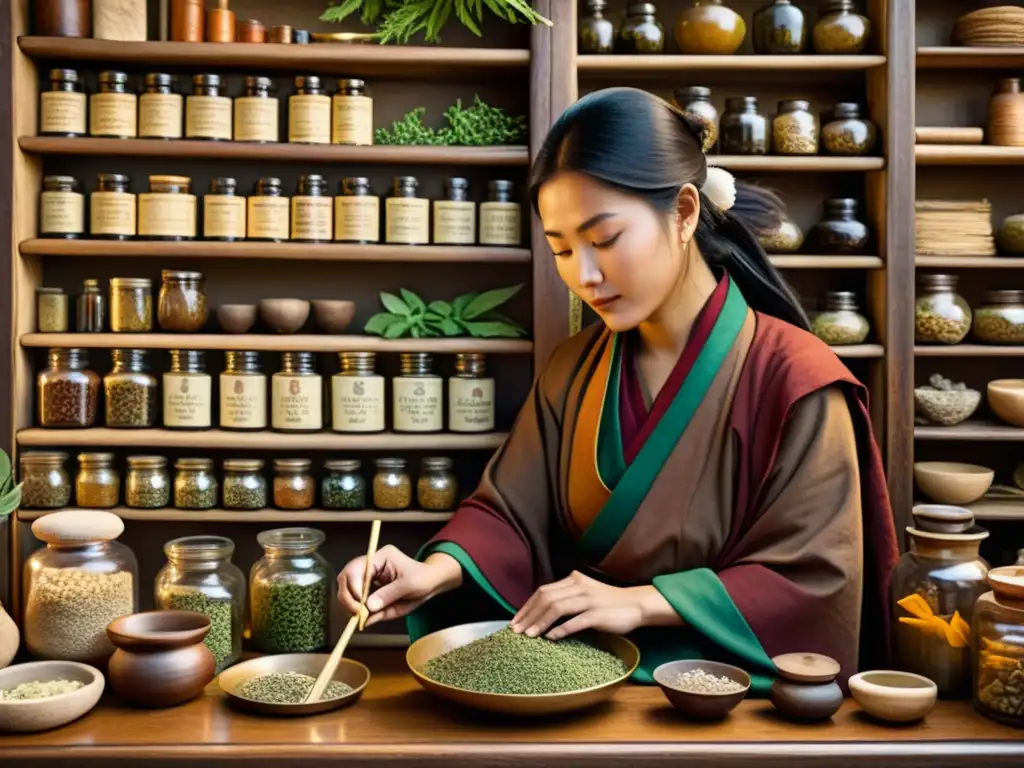 Un practicante de medicina tradicional tibetana prepara una poción en un antiguo apotecario, rodeado de hierbas y textos antiguos