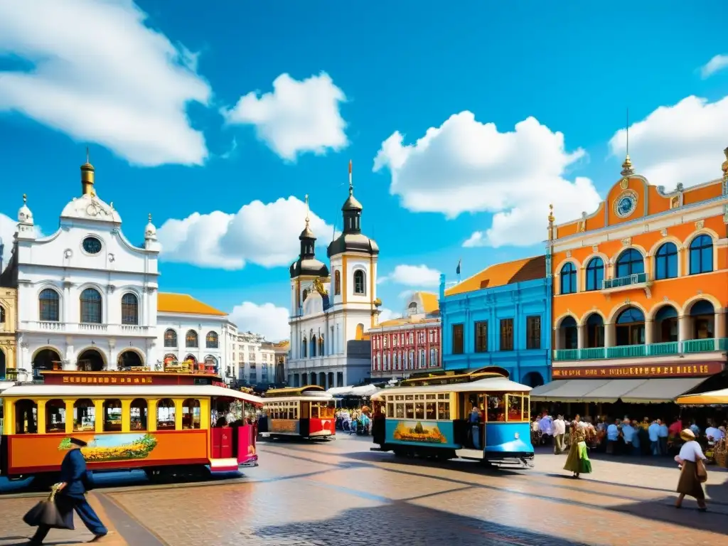 Presentación de destinos turísticos públicos globales: un bullicioso mercado en una plaza histórica llena de turistas, artistas callejeros y un tranvía vintage