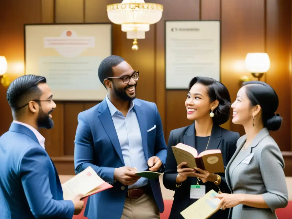 Profesionales de diversas culturas conversan animadamente en un evento de intercambio de idiomas