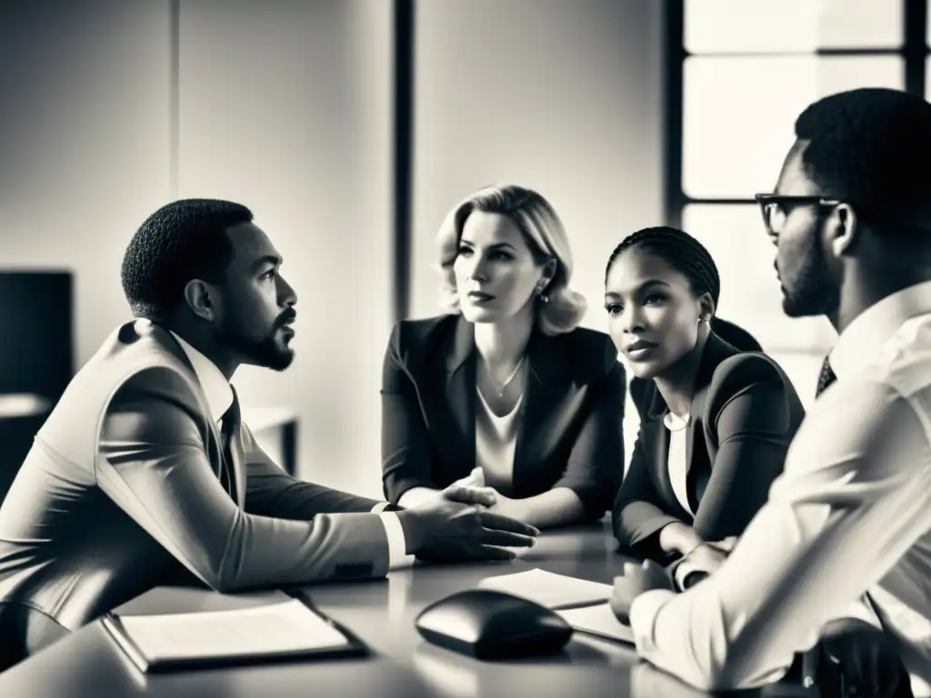 Profesionales diversificados discuten intensamente en una oficina moderna, desafiando prejuicios lingüísticos en el trabajo