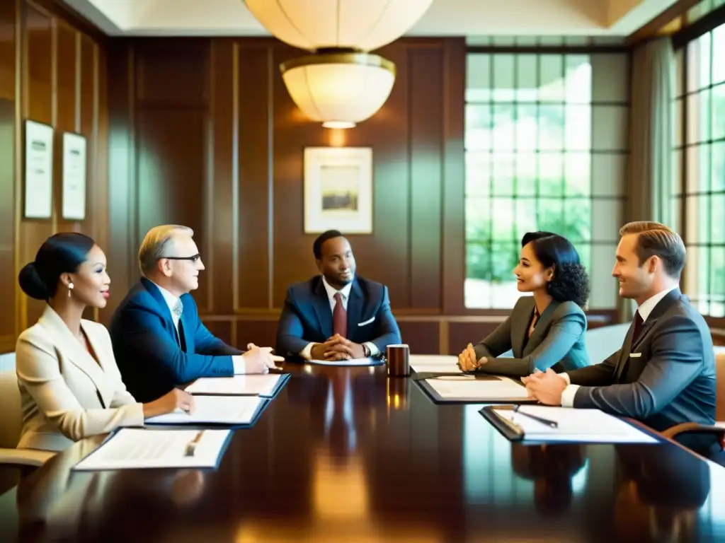 Profesionales en reunión de consultoría profesional para barreras lingüísticas en un lujoso y luminoso salón de juntas de estilo vintage