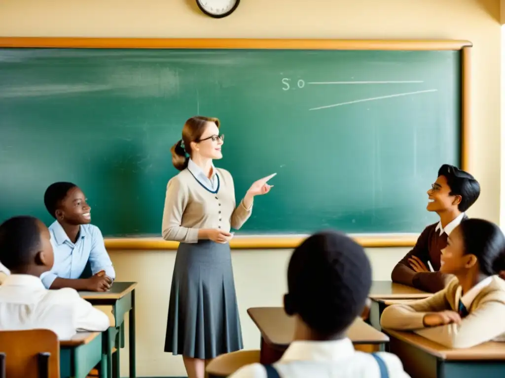 Un profesor dialoga con alumnos en un aula vintage, con herramientas educativas clásicas