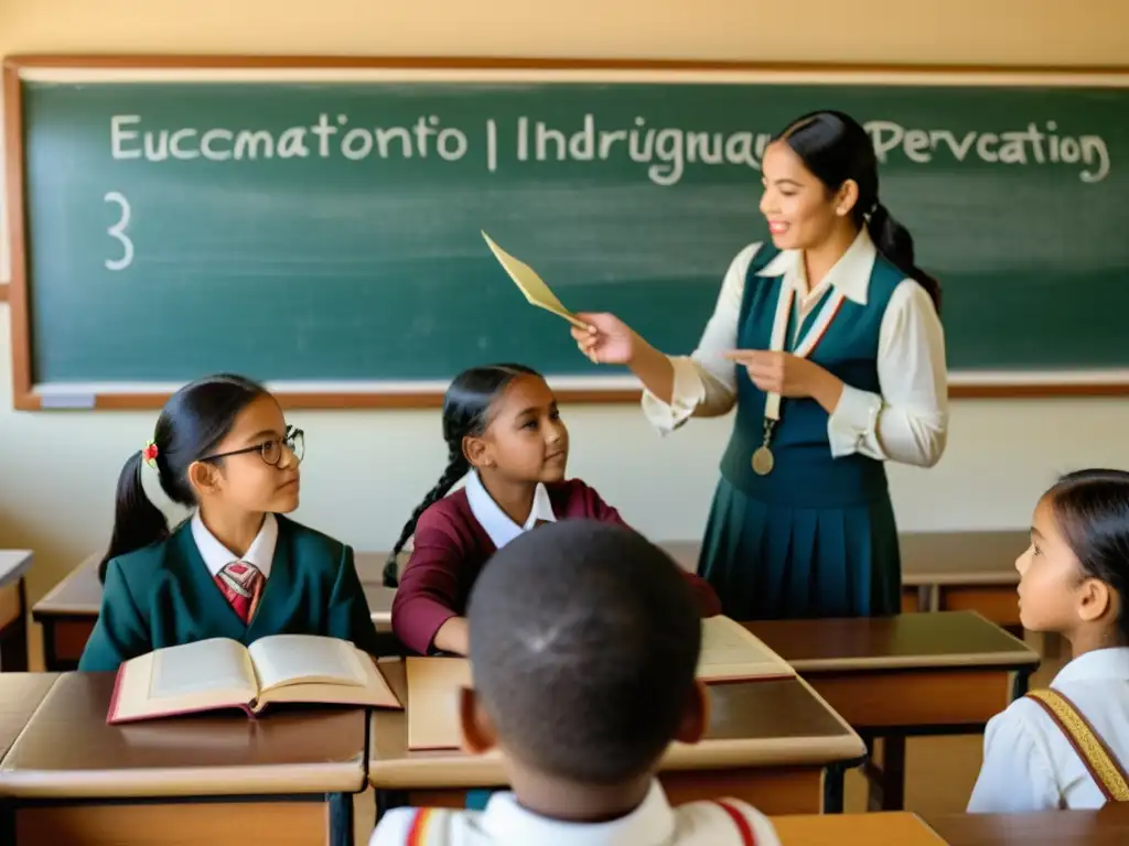 Profesor y alumnos en aula vintage, promoviendo integración de lenguas indígenas en educación bilingüe