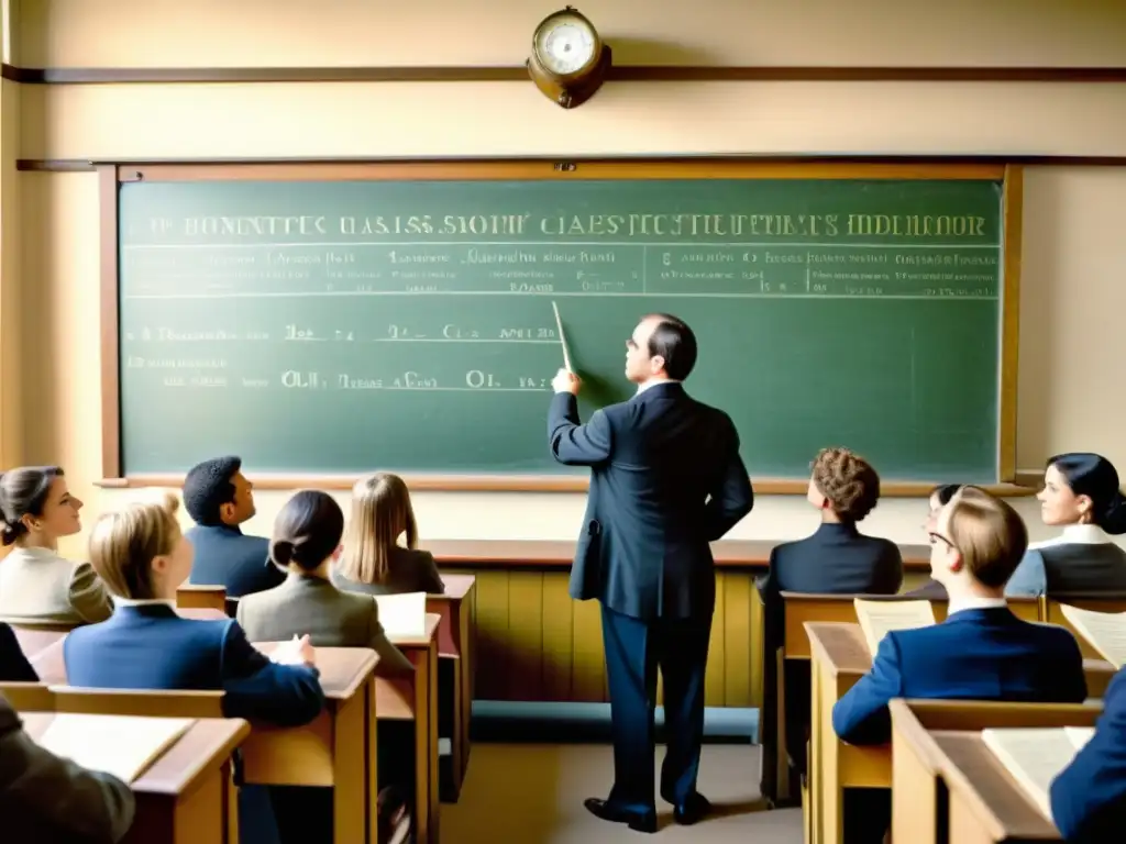 Profesor enseña cambios fonéticos evolución francés moderno en clase vintage de fonética francesa