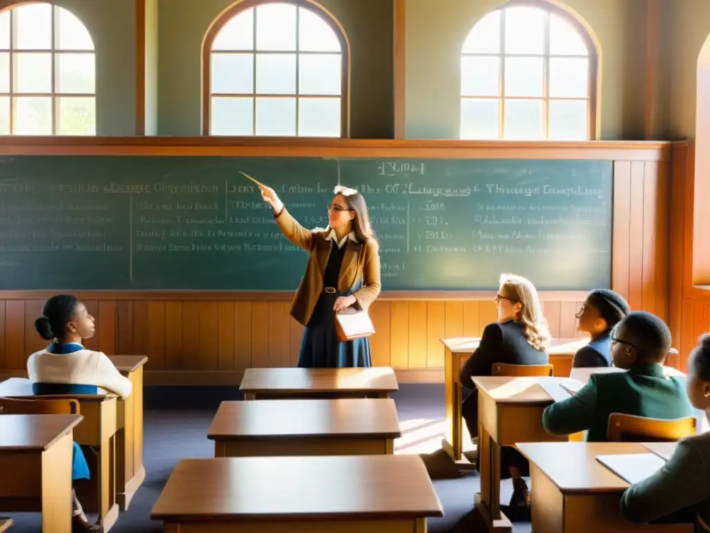 Clase de idiomas vintage: alumnos inmersos en el aprendizaje Profesor enseñando estrategias de enseñanza de segundas lenguas en aula vintage con estudiantes participando en actividades de aprendizaje de idiomas