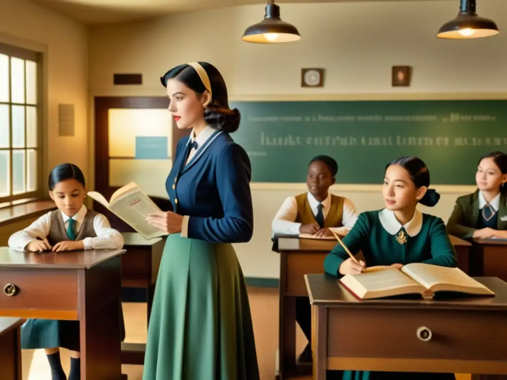 Profesor y estudiantes participan en diálogos interactivos con una herramienta educativa de idiomas en un salón de clases vintage