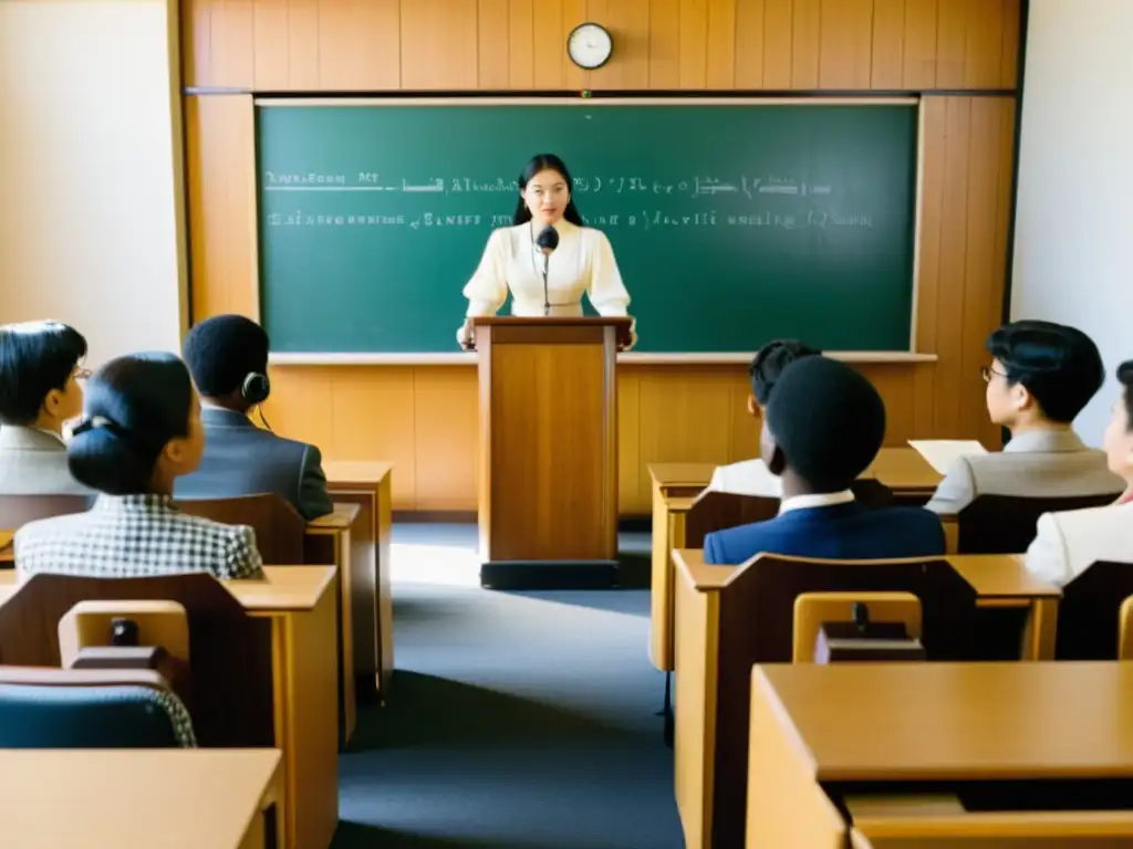 Profesor de idiomas utiliza tecnología temprana de reconocimiento de voz en aula vintage, transformación educación idiomas reconocimiento voz