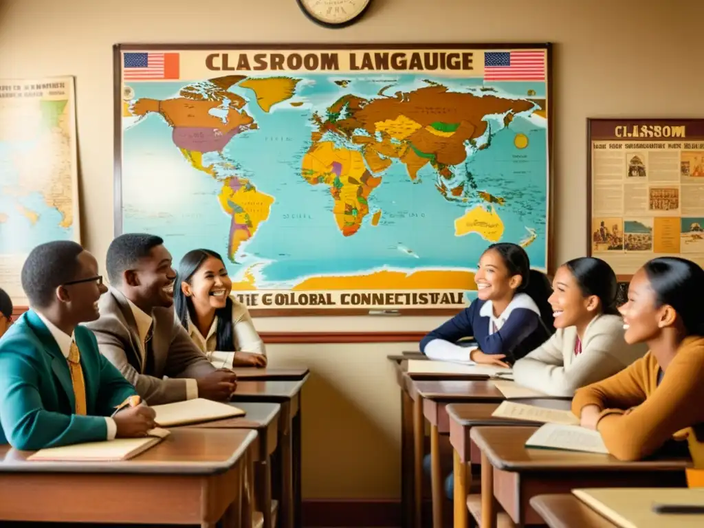 Profesor enseñando inglés a estudiantes no nativos en aula vintage