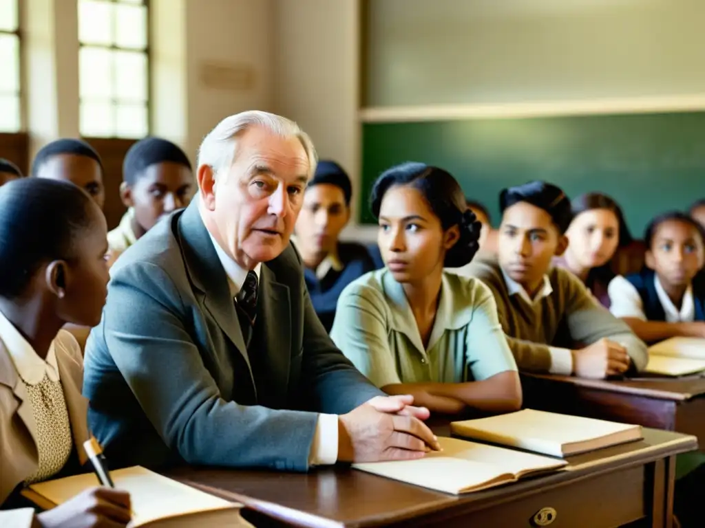 Profesor enseñando inglés a estudiantes no nativos en aula, reflejando desafíos y estrategias de enseñanza