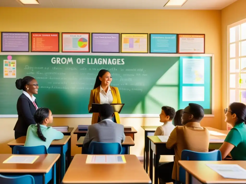 Profesora y estudiantes multiculturales debaten en aula vintage iluminada por el sol, mostrando el impacto del multilingüismo en educación