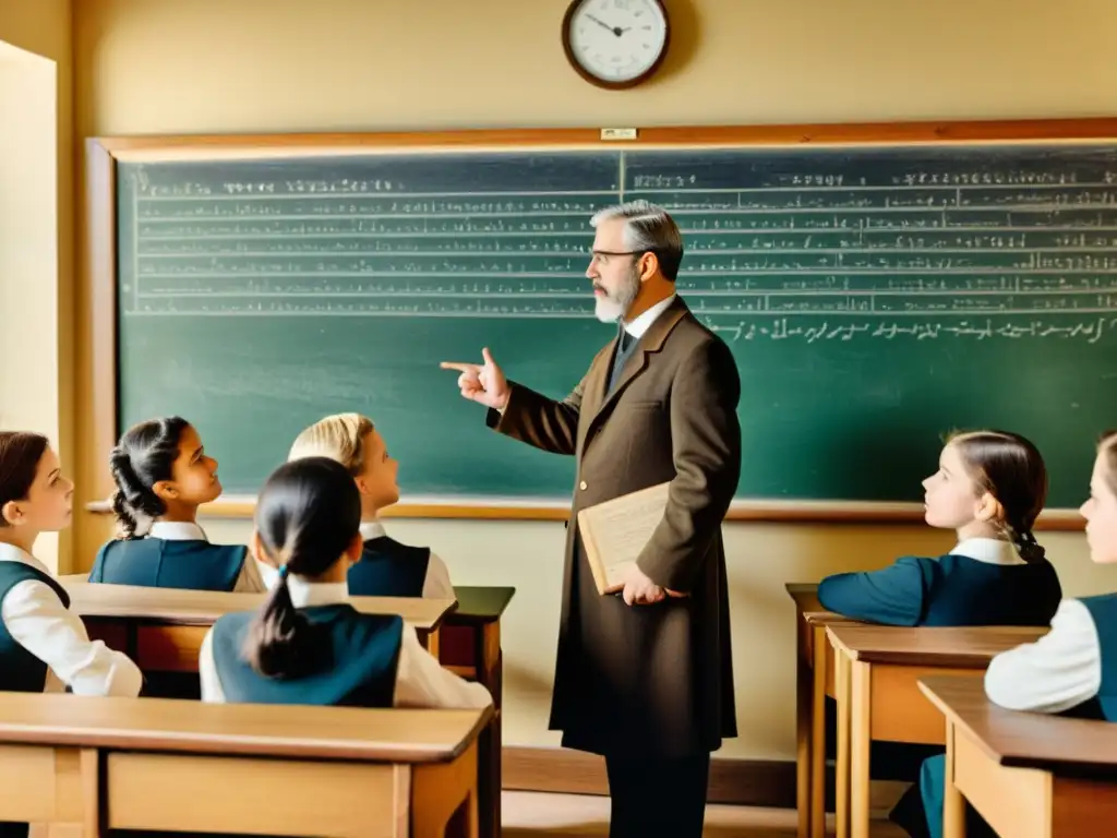 Profesora enseña formulación de preguntas en árabe y hebreo a estudiantes atentos en una escena de aula vintage