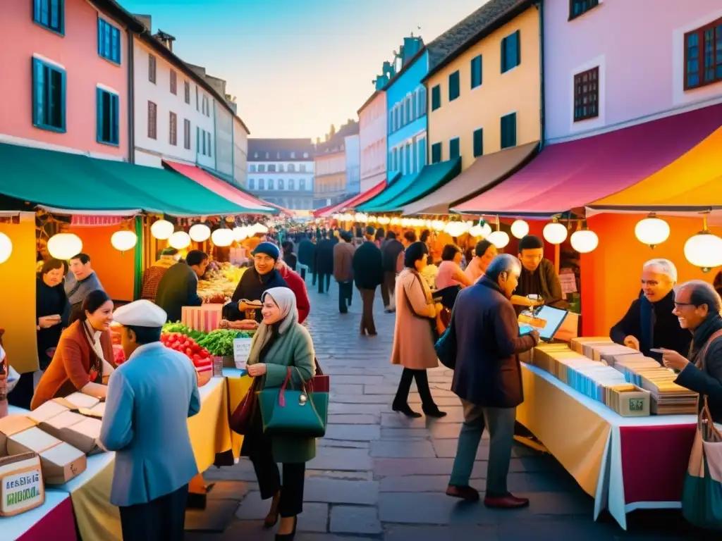 Programas de intercambio efectivos idiomas: Animado mercado multilingüe al atardecer, con gente diversa conversando en puestos coloridos