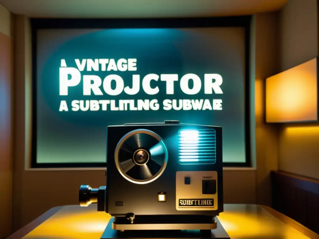 Un proyector de cine vintage proyecta subtítulos en una pantalla, iluminando la habitación con un cálido resplandor