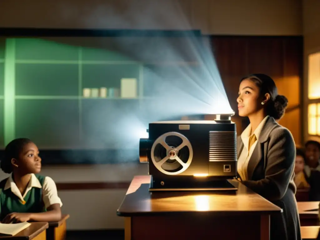 Un proyector de película vintage ilumina una aula tenue, sumergiendo a los estudiantes en una atmósfera nostálgica y envolvente