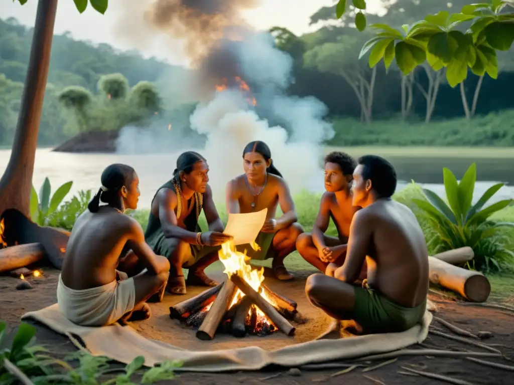 Narrador ancestral comparte sabiduría con tribu en la selva Recuperación de dialectos a través de historias ancestrales alrededor del fuego en la selva