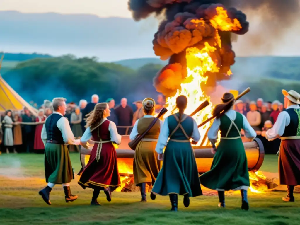 Una representación detallada de un festival de cosecha celta, con personas en trajes históricos bailando y tocando música alrededor de una hoguera