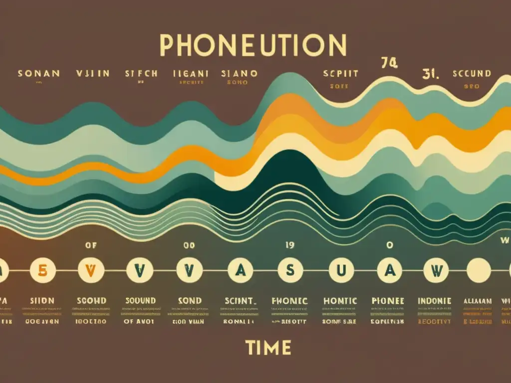 Una ilustración vintage de alta resolución que muestra la evolución fonética en las lenguas indoarias, con detalles de antiguos scripts y símbolos fonéticos, y ondas de sonido, en una cálida paleta de colores