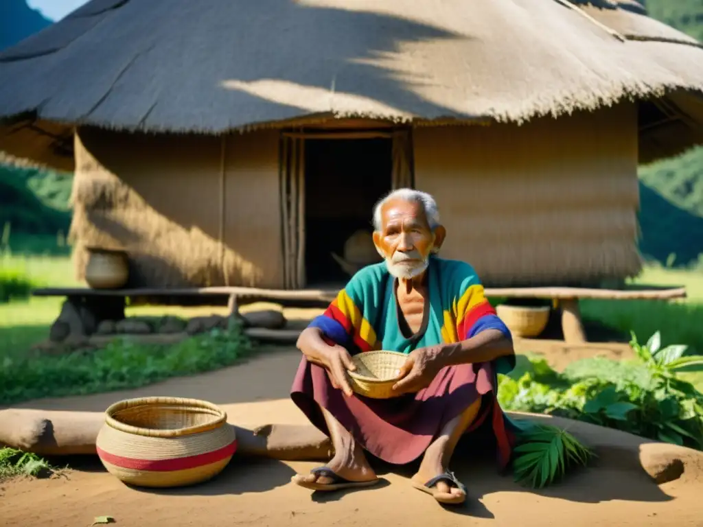 Retrato en 8k de un anciano Ashaninka con vestimenta tradicional y cesto tejido, frente a una casa de paja