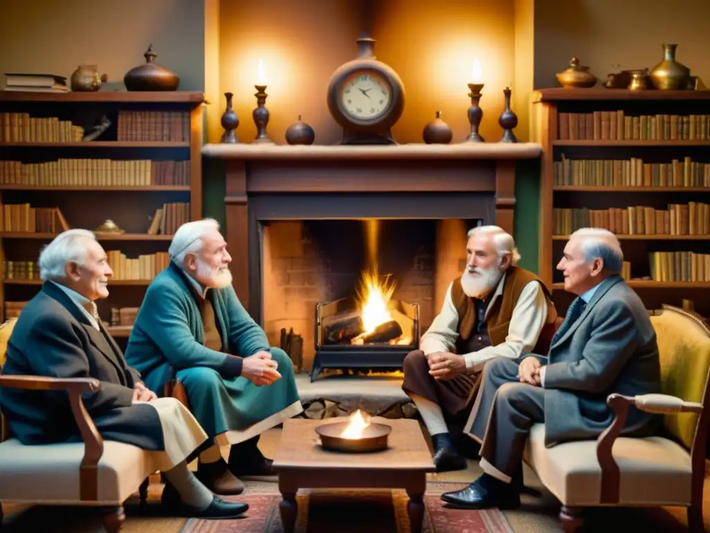 Un retrato sepia de ancianos contando historias alrededor de una chimenea, preservando la literatura oral en lenguas germánicas