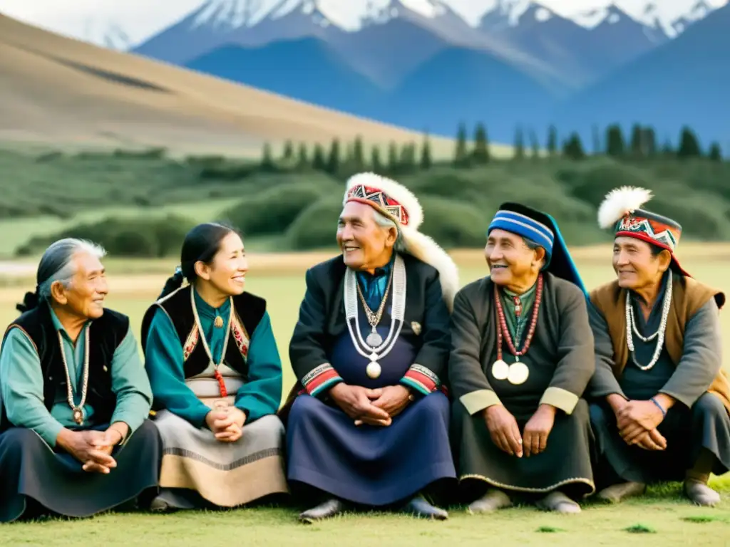 Un retrato sepia de ancianos Mapuche en un paisaje montañoso