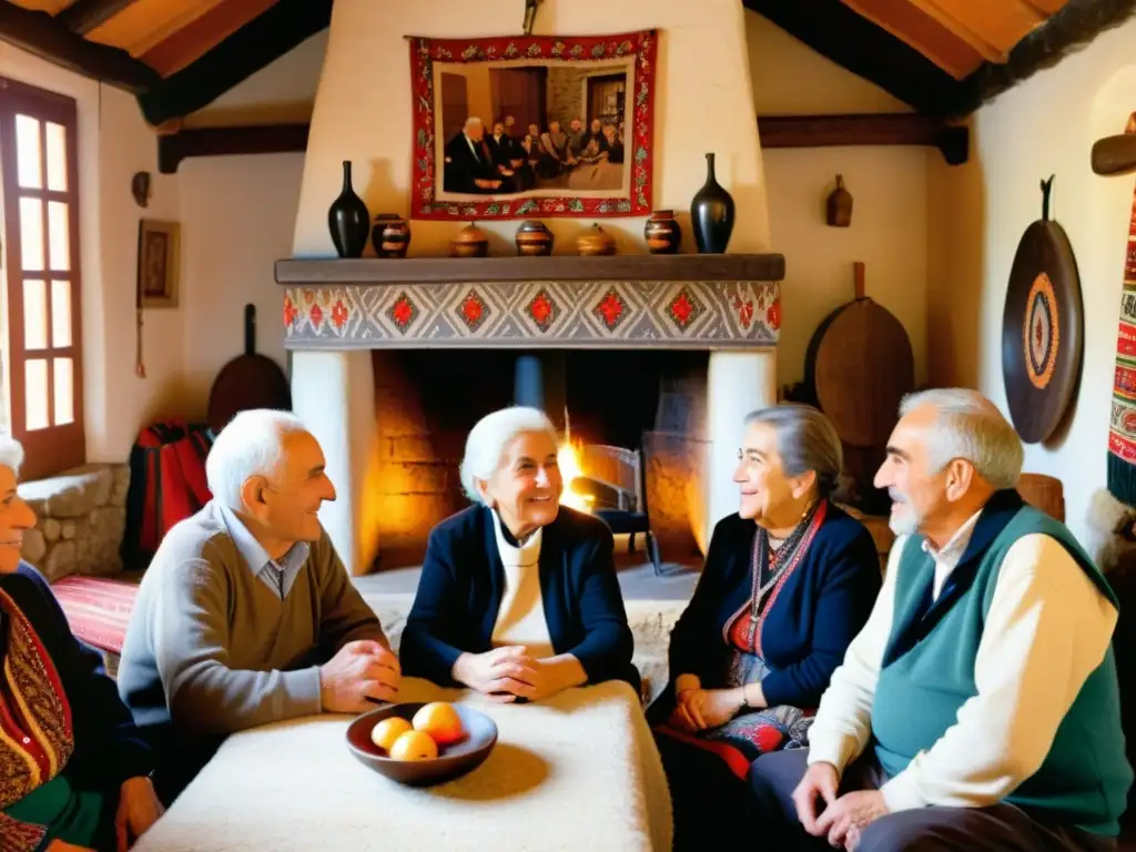 Un retrato en blanco y negro de ancianos vascos en una casa tradicional, con expresiones llenas de historia y orgullo cultural