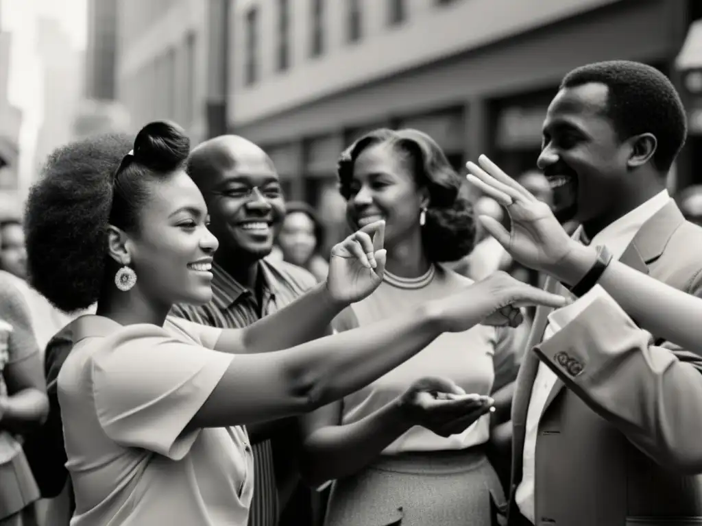 Un retrato en blanco y negro de un grupo de personas comunicándose en lenguaje de señas americano en un entorno urbano animado