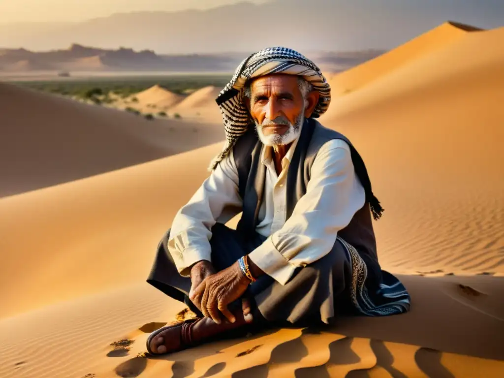 Retrato vintage de un anciano beduino en el desierto, evocando la cultura árabe y los dialectos beduinos