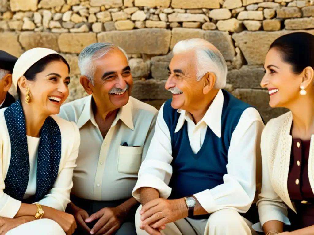 Un retrato vintage de malteses mayores conversando animadamente, exhibiendo la fonética del maltés lengua semítica en sus expresiones y gestos