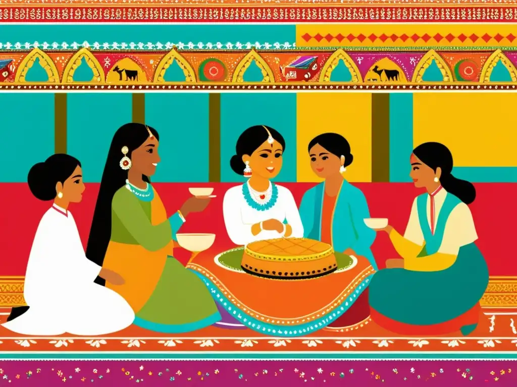 Una ilustración vintage de una reunión familiar en un entorno tradicional gujarati, con bordados intrincados y colores vibrantes en la vestimenta