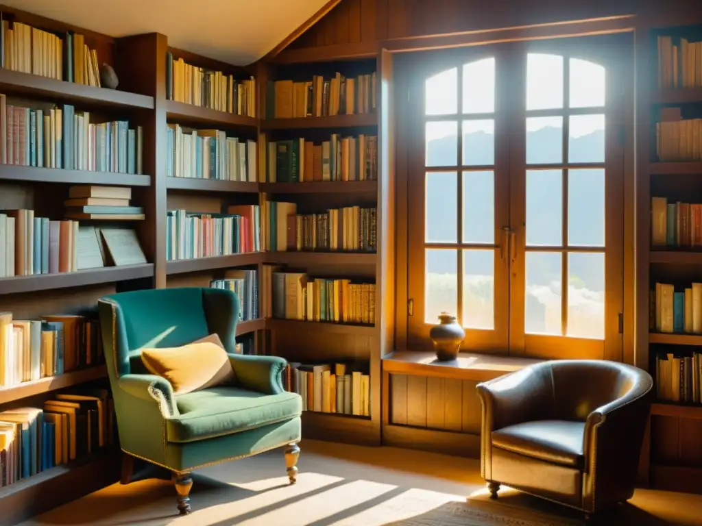 Un rincón acogedor de una biblioteca vintage con libros clave para aprender lenguas indígenas, bañado por la cálida luz del sol