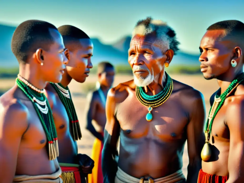 Fotografía vintage de un ritual khoisan, con vestimenta vibrante y joyería