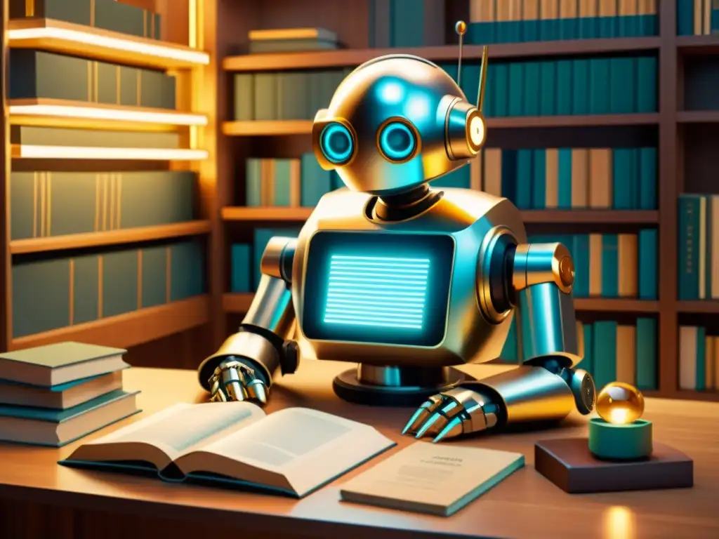 Un robot futurista en un estudio vintage, traduciendo lenguajes con impacto de inteligencia artificial y conocimiento tradicional