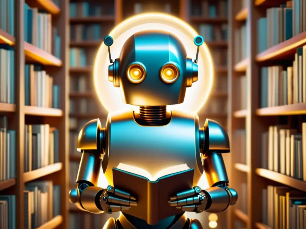 Robot políglota en biblioteca futurista Un robot futurista traduce idiomas con luces, rodeado de símbolos luminosos