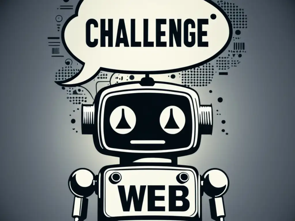 Desafío de capturar sarcasmo en NLP: robot vintage perplejo Un robot vintage en blanco y negro con burbuja de pensamiento compleja, desgastado, rodeado de equipo informático antiguo