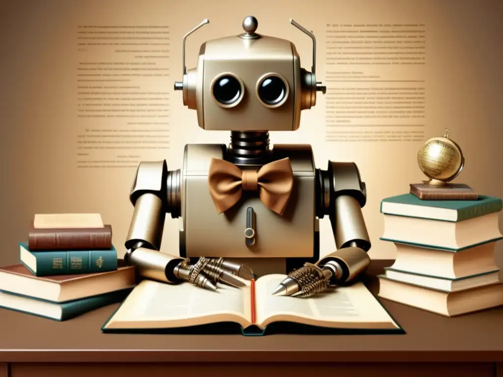 Un robot vintage con corbata sentado en un escritorio rodeado de libros antiguos y diccionarios, evocando nostalgia y avance tecnológico