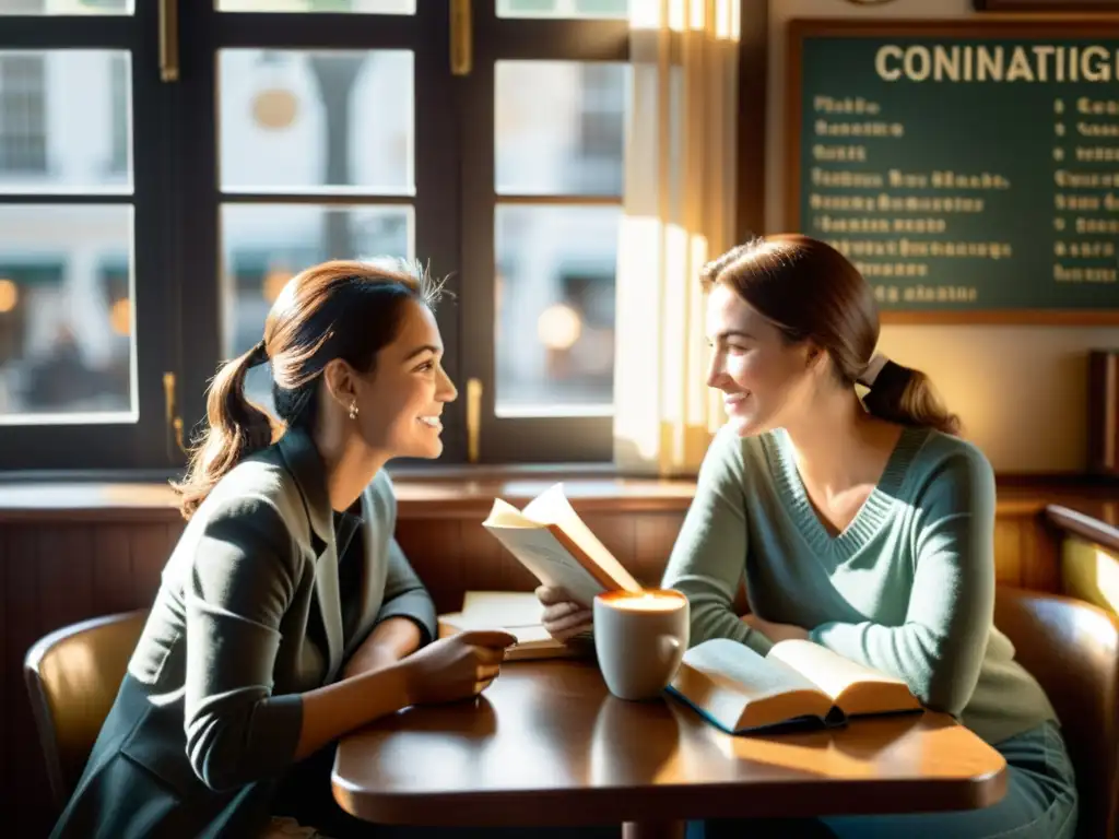 Una romántica escena vintage en un café con intercambios románticos en idiomas