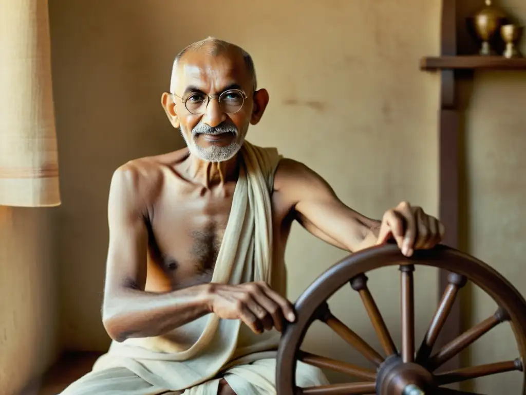 Mahatma Gandhi tejiendo en su rueda con una expresión serena, evocando su influencia en la literatura gujarati