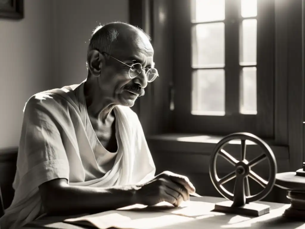 Mahatma Gandhi reflexiona en su rueda de hilar, rodeado de libros y papeles, con luz suave tras él