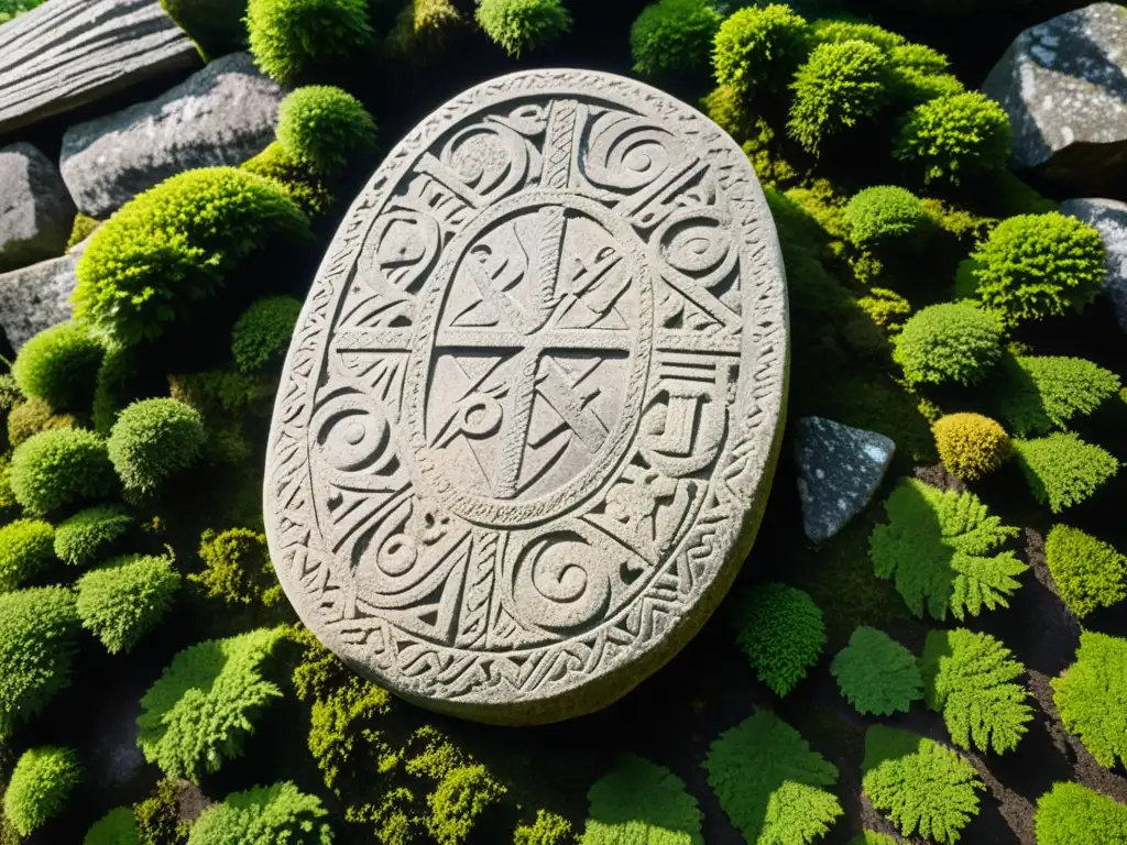 Una runa vikinga envejecida con intrincadas inscripciones, rodeada de verdor