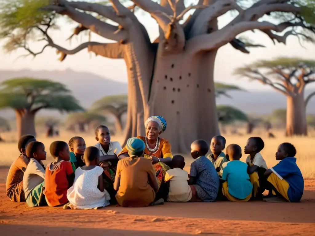 Una sabia anciana africana cuenta historias debajo de un baobab, rodeada de niños