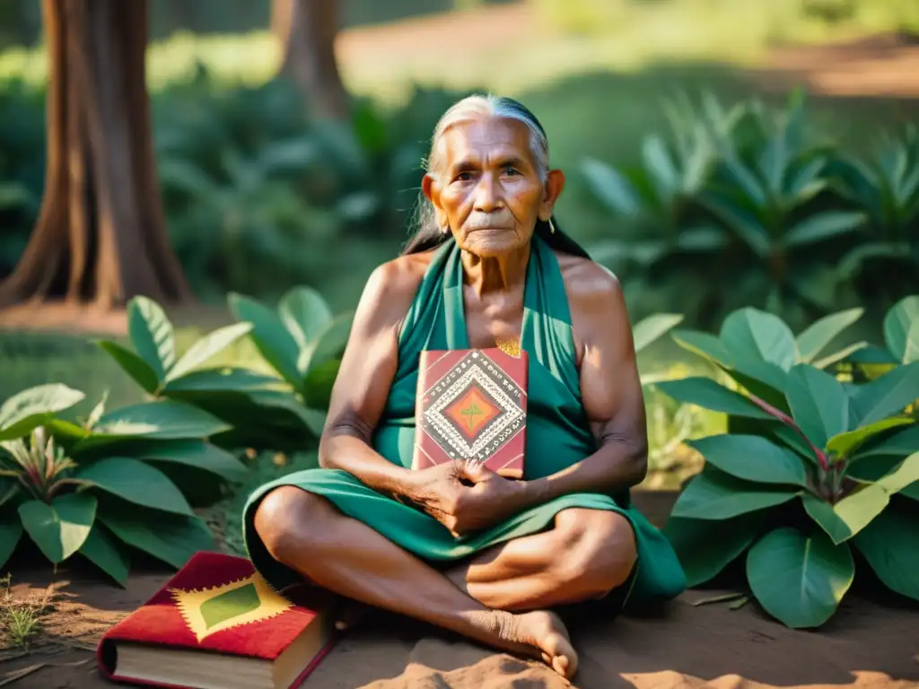 Un sabio anciano indígena lee un libro entre la exuberante naturaleza