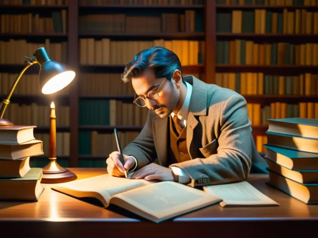 Un sabio estudioso se sumerge en antiguos textos de sánscrito y latín, rodeado de libros y manuscritos en un ambiente cálido y evocador